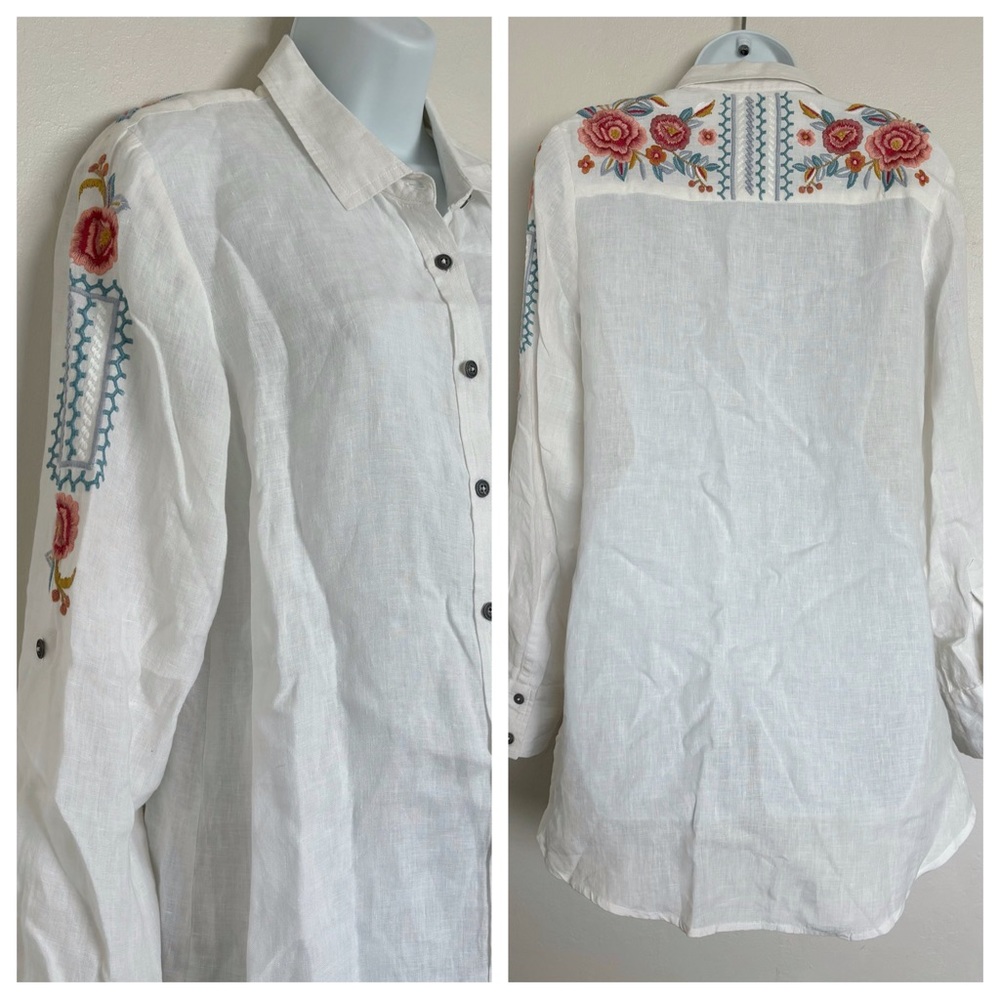 Kyla Seo Handmade Floral Embroidered Linen Button Up Blouse Size X-Small Tunic